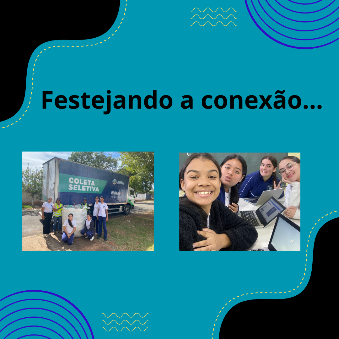 alunas no laboratório de informática e foto em frente ao caminhão de reciclagem, junto com o pessoal do projeto fenix.